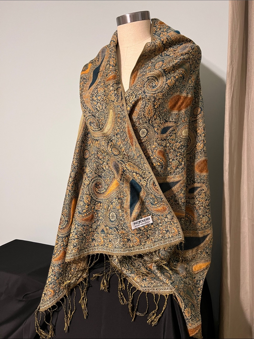 pashmina Teal and Mustard Paisley Fringed Shawl